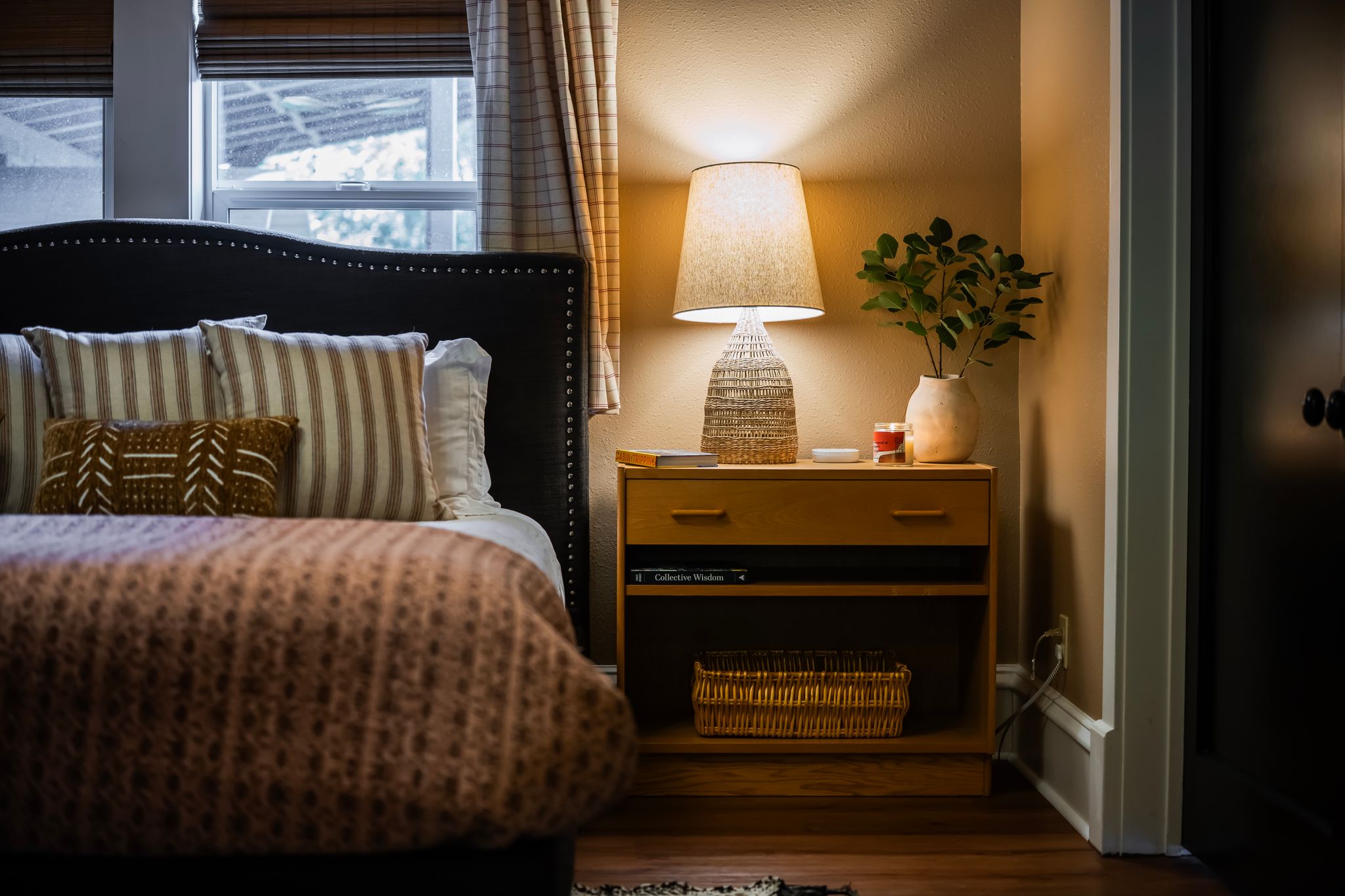 Bedroom with thoughtful details and soft lighting