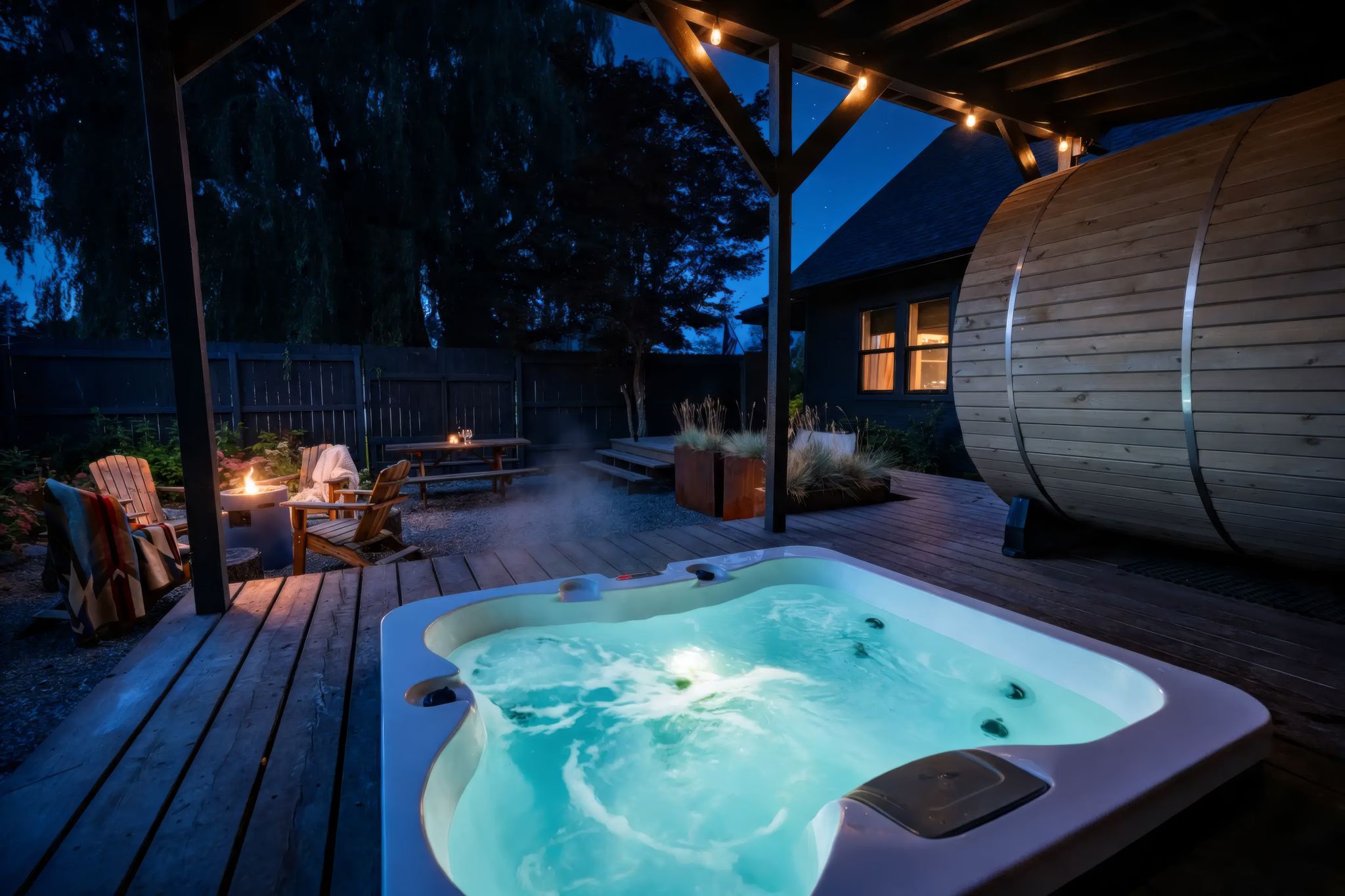 Glowing hot tub beside the barrel sauna with fire pit in the background
