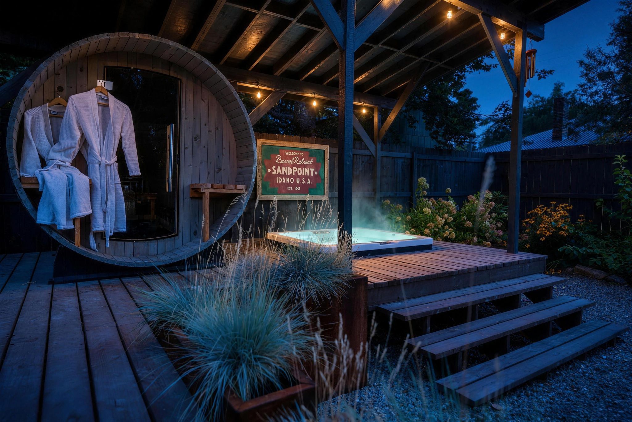 Barrel sauna with robes and steaming hot tub under string lights at night